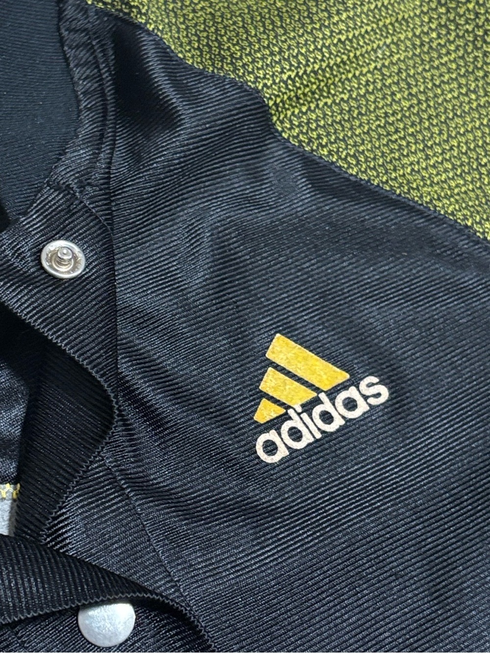 Vintage (S) 90s Adidas Colour-Block 3-Stripe Shirt Jacket Yellow Black Heathered - Picture 6 of 16